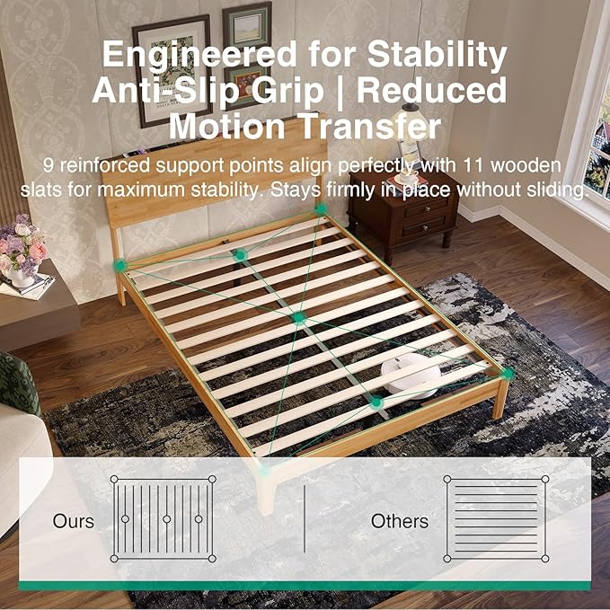 Novilla Full Size Bed Frame with 3-Level Adjustable Storage Headboard, Solid Wood Platform Bed Frame with Slats, No Box Spring Needed, Noise Free, Natural Finish for Master Bedroom and Guest Room