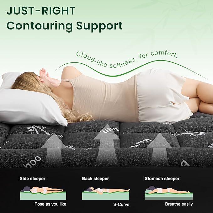 Love's cabin Full Size Mattress Topper Viscose Derived from Bamboo, Thick Pillow Top Mattress Pad with Stretchable Pockets for 8"-20" Mattress, Soft Cooling Mattress Topper for Hot Sleepers, Black