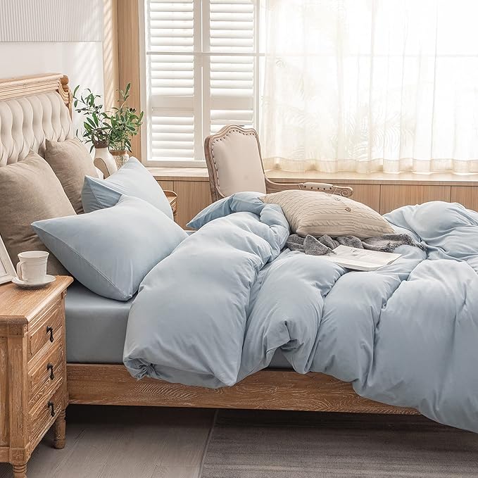 PURE ERA Jersey Knit Duvet Cover Set 100% T-Shirt Cotton Super Soft Comfy 3pc Bedding Set with Zipper Closure (Solid Light Blue, King)