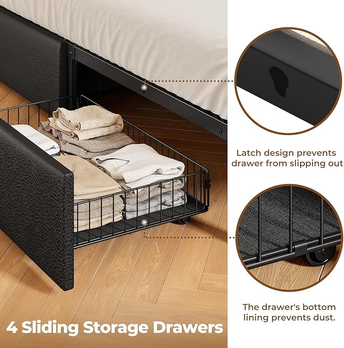 Rolanstar Queen Bed Frame with Storage,4-Drawer Platform Bed with USB Charging Station,Built in LED Lights and Bookcase Headboard,No Box Spring Needed,Easy Assembly,Noise-Free,Black