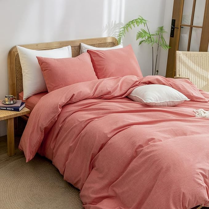BESTOUCH Duvet Cover Set 100% Washed Cotton Linen Feel Super Soft Comfortable Chic Lightweight 3 PCs Home Bedding Set Solid Orange Queen