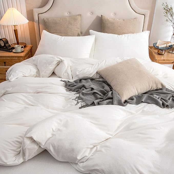 PURE ERA Jersey Knit Duvet Cover Set 100% T-Shirt Cotton Super Soft Comfy 2pc Bedding Set with Zipper Closure (Solid Off White, Twin)