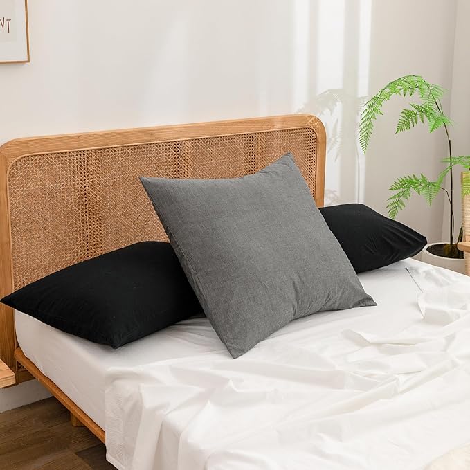 BESTOUCH 100% Washed Cotton Pillowcase for Hair and Skin Linen Feel Soft Comfortable Breathable 2 Set Pillow Case with Envelope Closure Solid Dark Grey Euro 26x26 Inches