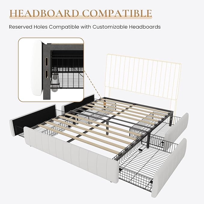 SHA CERLIN Queen Size Velvet Upholstered Platform Bed Frame with 4 Storage Drawers, Vertical Channel Tufted, Low Profile, Fits Standard Headboards, Wooden Slats Support, Easy Assembly, White
