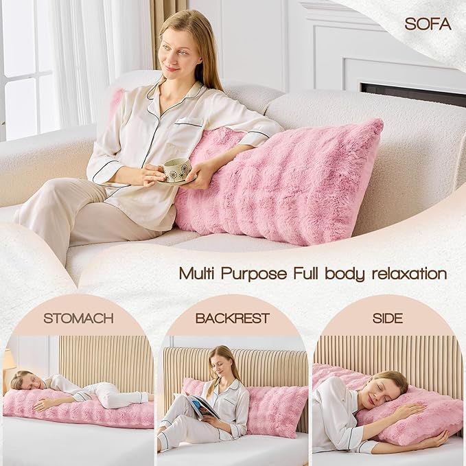 YZ HOME Faux Fur Fluffy Body Pillow for Adults - Firm Body Pillow Insert with Shredded Blue Memory Foam, Adjustable Height, Soft Support for Side Sleeping, Pregnant Women, Washable, 20x54 Inch (Pink)