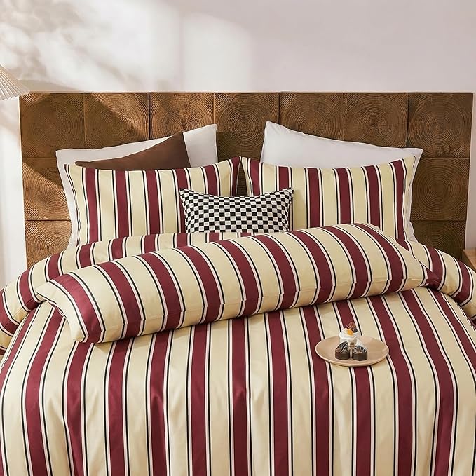 Merryword 100% Cotton Pillow Cases, Queen Size Pillowcases, Burgundy & Cream Striped Pillowcases, Luxury Linen Like Pillowcase, Soft Breathable Stripes Pillow Covers, Set of 2