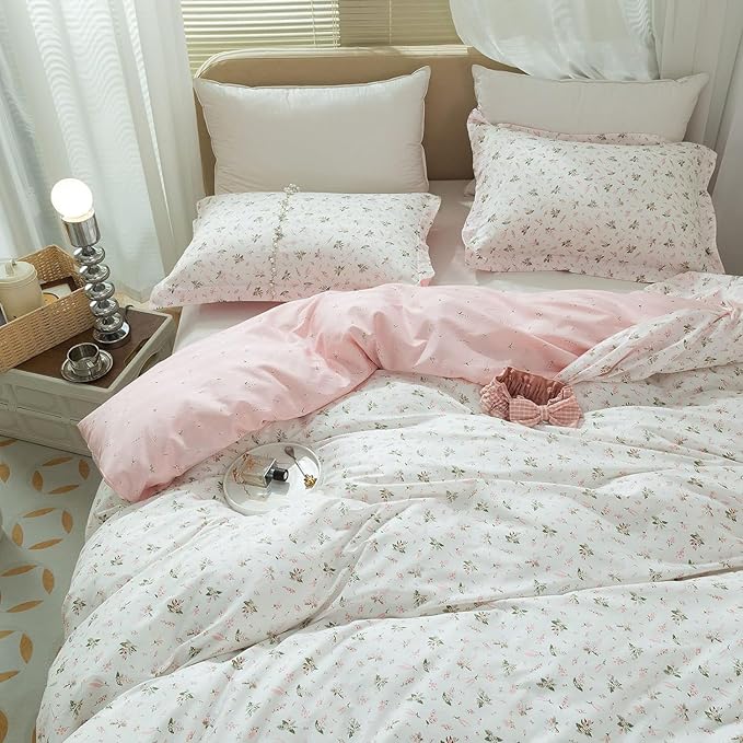 mixinni Small Floral Print Duvet Cover Full Flower Duvet Cover Set Soft Cotton Pink Reversible White Bedding Comforter Cover Zipper Closure 4 Corner Ties for Girls-Full Size