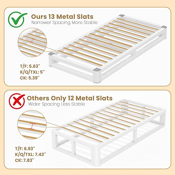 6 Inch Twin Bed Frames with Rounded Corner and Squeak Free U-Slot Design, Metal Platform Bed Frames 6 Non-Slip Guards, 3500lbs Heavy Duty Steel Slat Support, No Box Spring Needed, White