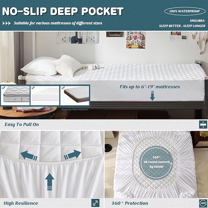 UNILIBRA Twin XL Mattress Cover Waterproof, Deep Pocket Mattress Pad Protector Fits to 6''-19'', Breathable Hollow Cotton Filling Quilted Mattress Protector for Twin XL Size