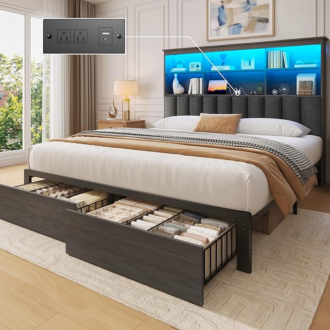 Lifezone Queen Bed Frame with Headboard, Queen Bed Frame with High Storage Bookcase Headboard, 2 Storage Drawers & Charging Station, No Box Spring Needed/Noise Free/All-Metal Support, Rustic Grey