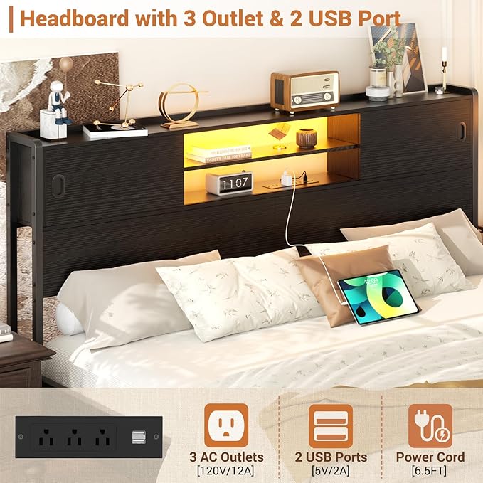 Homieasy King Storage Headboard with Sliding Doors, Bookcase Headboard with Charging Station & Smart LED Light, Headboard Only for King Bed, Wood Headboards with Bookshelf