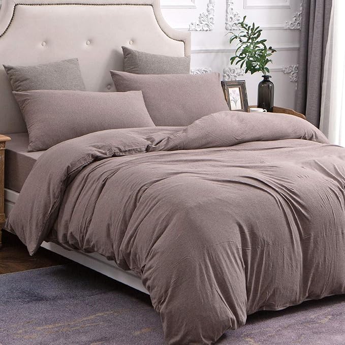 PURE ERA Jersey Knit Duvet Cover Set 100% T-Shirt Cotton Super Soft Comfy 3pc Bedding Set with Zipper Closure (Heather Brown, Queen)