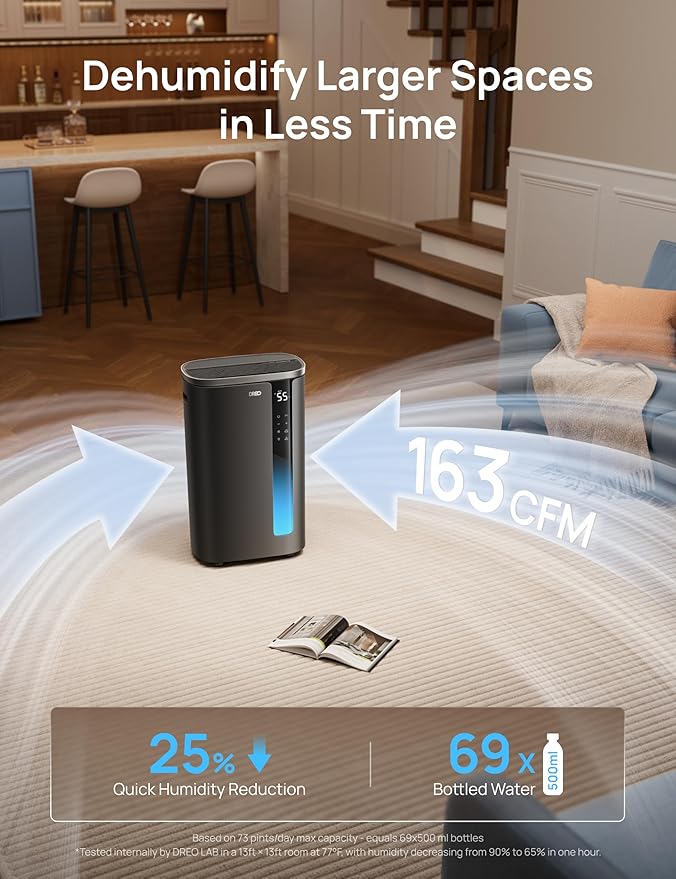 DREO 73 Pint Smart Dehumidifier for Basement, Home & Large Room up to 2000 Sq Ft, Energy Star 6.0 Dehumidifier with Drain Hose, Quiet 42dB, Auto Humidity Control, 3 Fan Speeds, Timer, Continuous Drain