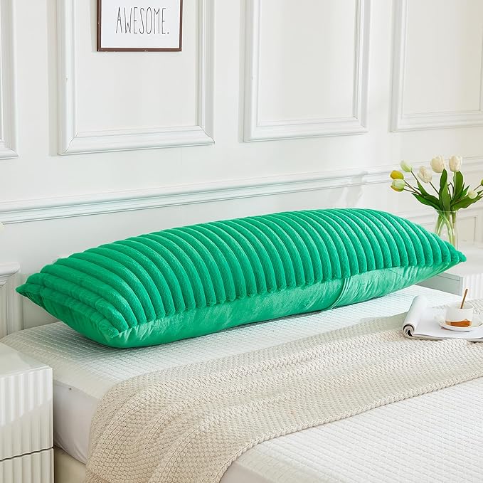 JAUXIO Faux Fur Fluffy Body Pillow Cover Luxury Textured Vertical Stripe Plush Decorative Body Pillowcase, Ultra Soft and Cozy Zipper Closure 21 x 54 Inches, Emerald Green