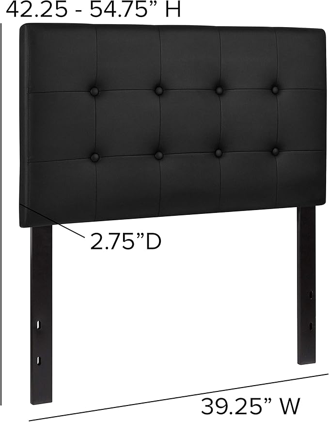 Flash Furniture Lennox Adjustable Height Button Tufted and Box Stitch Upholstered Twin Size Headboard in Black Vinyl
