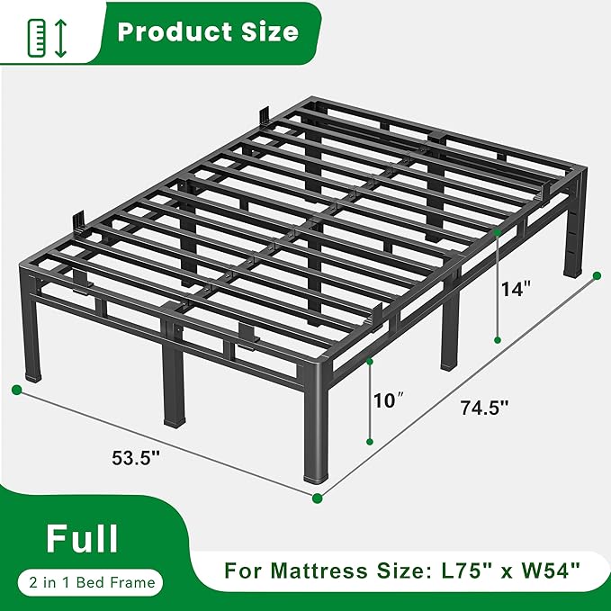 ROIL 14 Inch Full Size Bed Frame, Double Layer Metal Bed Frame with Round Corner Legs, 4000LBS Bed Frame & Box Spring 2 in 1 Platform with Headboard Holes Mattress Baffles, Noise-Free Easy Assembly