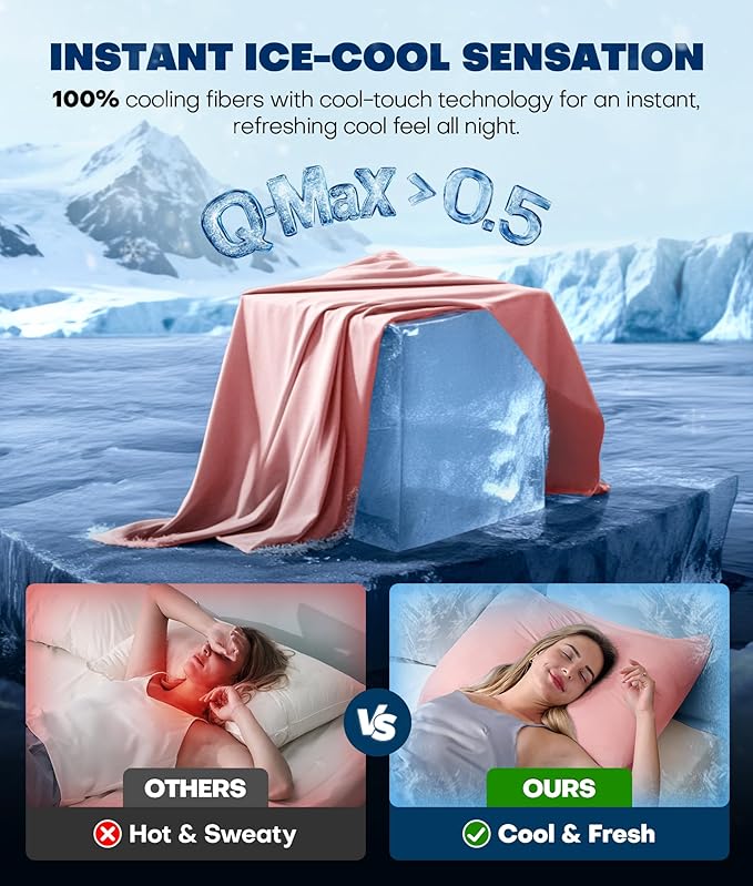 Ultra-Chill Cooling Pillowcase Set of 2 for Hot Sleepers, Softer Than Silk Pillow Cases for Protecting Hair & Skin, Breathable Bed Pillow Covers w/Zipper, Gifts for Women Men (Pink, Queen)