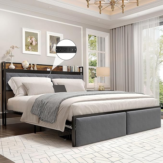 IDEALHOUSE King Size Bed Frame with Storage Headboard and 2 Drawers, Platform Metal King Bed Frame with LED Lights and Charging Station, Noise Free, No Box Spring Needed, Grey