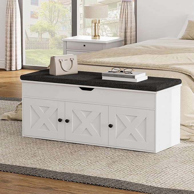 Homleke Shoe Storage Bench with Lift Top & 3 Barn Doors, Entryway Bench with Removable Cushion, Adjustable Shelf, Hidden Storage Cabinet for Hallway, Living Room, Bedroom - White