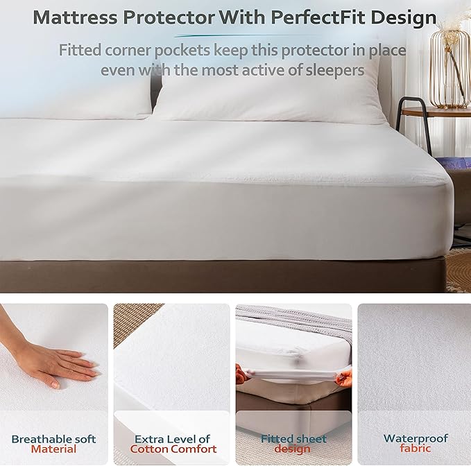 PlushDeluxe King Mattress Protector, Breathable Soft Terry Cotton Fitted Sheet Bed Cover with Deep Stretchable Pockets, 100% Waterproof, Noiseless, Hypoallergenic, Dust Mite Proof, 76"x80"x15"