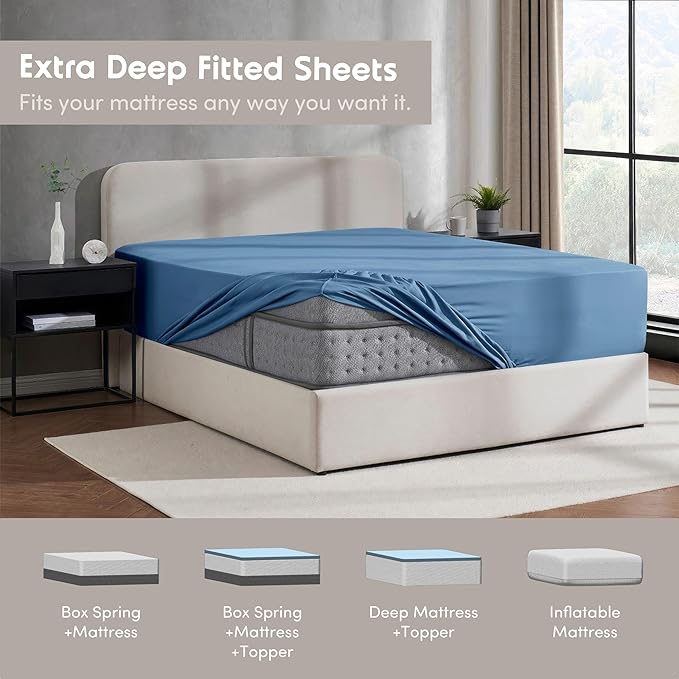 Nestl Blue Heaven Extra Deep Pocket Twin XL Fitted Sheet, Luxury XL Twin Fitted Sheet Only Easily Fits 18 to 24 Inch Mattress, Super Soft, Wrinkle-Free, and Breathable Bed Sheets with Corner Straps