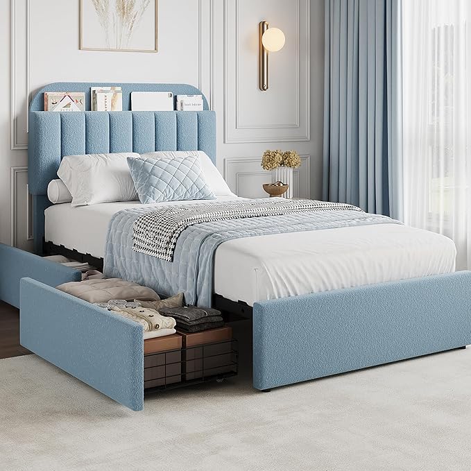 GarveeHome Twin Bed Frame with Storage Headboard, Kids Bed Frame with 2 Drawers, Boucle Upholstered Platform Bed with Bookcase, No Box Spring Needed, Easy Assembly, Blue