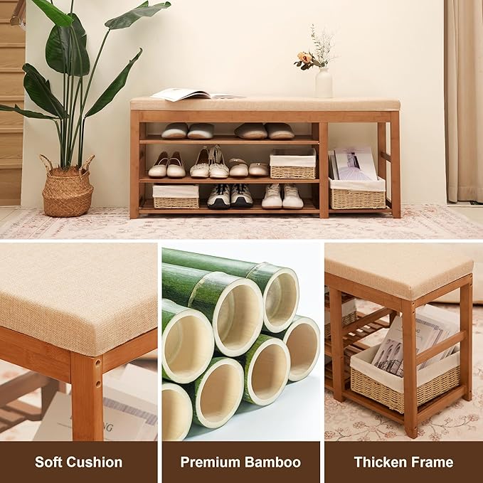PETKABOO 47.2 in Shoe Rack Bench with Cushion, 3 Tier Bamboo Entryway Bench with Storage for Entryway, Hallway, Bedroom, Living Room