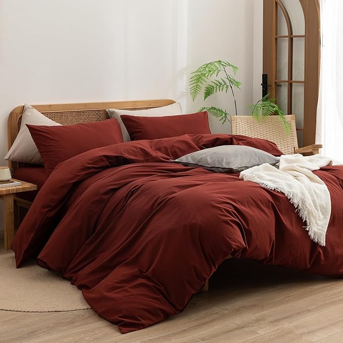 BESTOUCH Duvet Cover Set 100% Washed Cotton Linen Feel Super Soft Comfortable Chic Lightweight 3 PCs Home Bedding Set Solid Fired Brick Red Alaska King