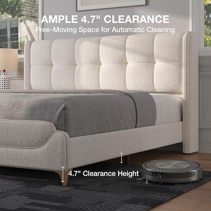 Novilla King Size Bed Frame with Charging Station & LED Lights, Upholstered French Luxury Platform Bed with Wingback Headboard, Lamb Wool Fabric, No Box Spring Needed, Easy Assembly, Cream White