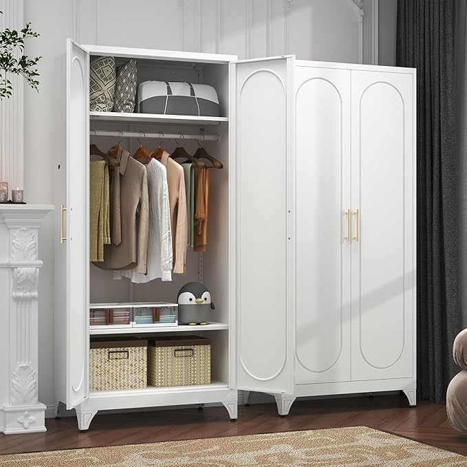 71" White Wardrobe Closet with 2 Doors, Metal Armoire Wardrobe Cabinet with Hanging Rod and Adjustable Shelves, Clothing Storage Cabinets for Bedroom, Laundry Room, Home Office