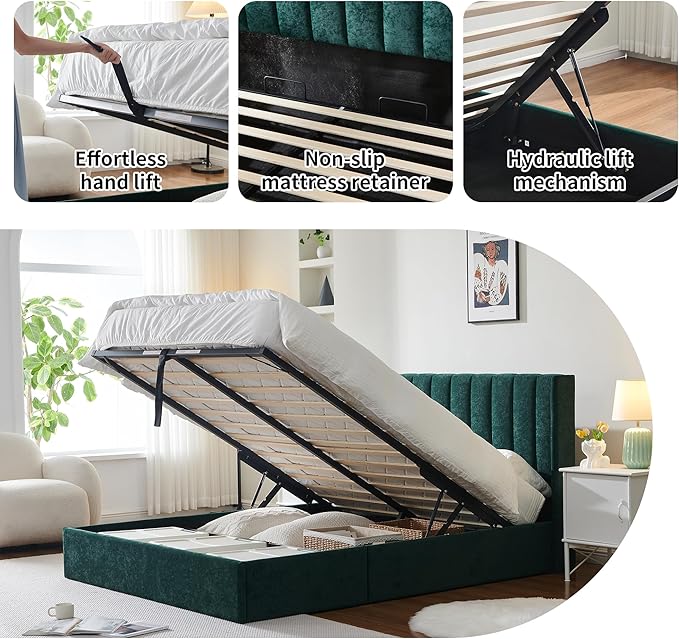 YUHUASHI Queen Size Hydraulic Storage Bed, Upholstered Platform Bed Frame, Modern Wingback Design Headboard, Velvet Fabric with Hydraulic Support Bars, No Box Spring Required (Ink Green, Queen)