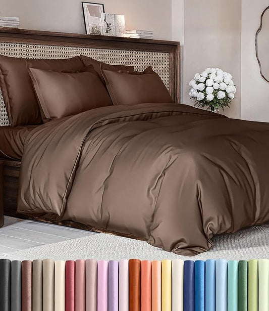 Duvet Cover Full Size Set - Extra Soft Full Duvet Cover 80" x 90" with 2 Pillow Shams - Hotel Luxury, Easy Care and Fade Free w/ Zipper Closures & Ties - All Season, Comfy, Cozy & Breathable (Brown)
