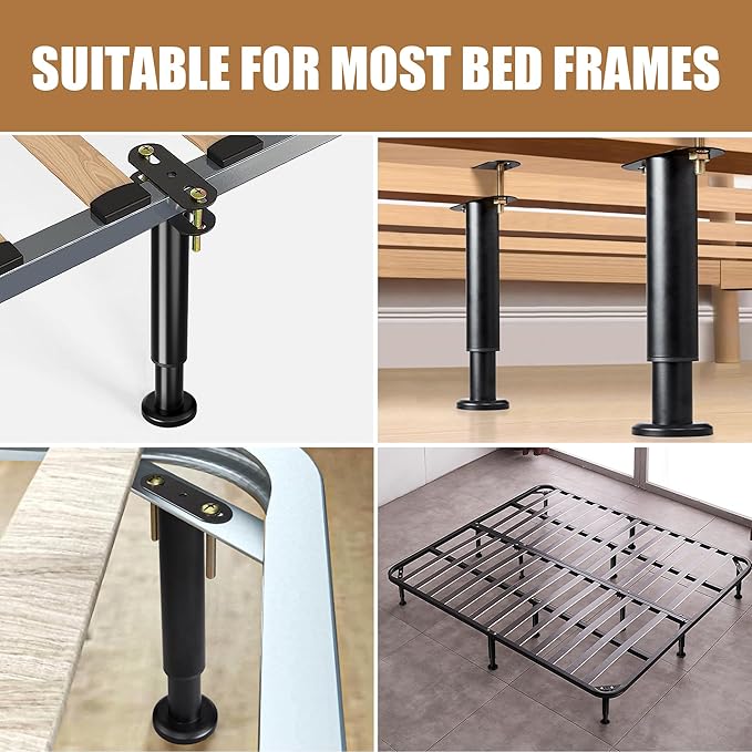 4Pcs Metal Adjustable Height Center Support Leg For Bed Frame, Bed Support Legs For Wood Slats, Under Bed Frame Support Legs Replacement, Bed Reinforcement Kit For Wooden Frame, Height 9.8" To 16.5"