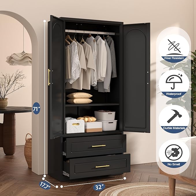 Metal Wardrobe Cabinets with Drawers,Black Armoire Wardrobe Closet with Hanging Rod,Clothes Storage Cabinet with Adjustable Shelves and Doors,Clothing Cabinet for Bedroom, Office, Laundry Room