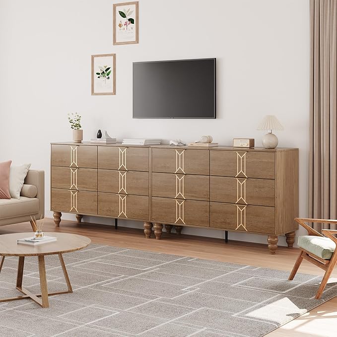 IDEALHOUSE Modern Wooden 6 Drawer Dresser with Vintage Pattern Design, Chest Dresser with Deep Drawers for Bedroom, Living Room and Entryway, Oak and Gold
