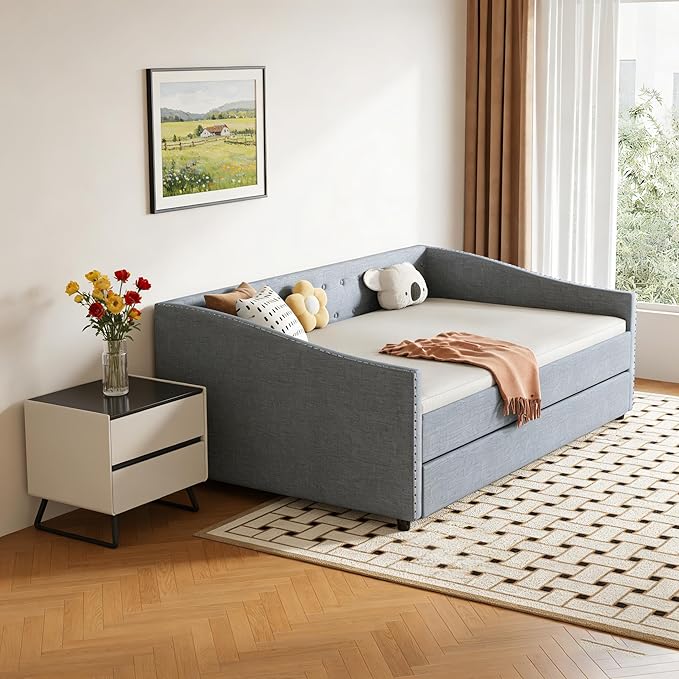 Upholstered Daybed with Trundle, Full Size Day Bed w/Button-Tufted Back and Piping on Waved-Shape Arms for Bedroom or Guest Room, No Box Spring Required, Light Gray