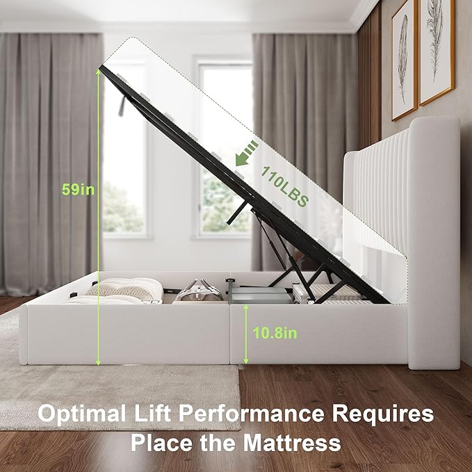 Feonase Full Size Lift Up Storage Bed Frame, Velvet Upholstered Platform Bed Frame with Wingback Headboard, Hydraulic Storage, No Box Spring Needed, White