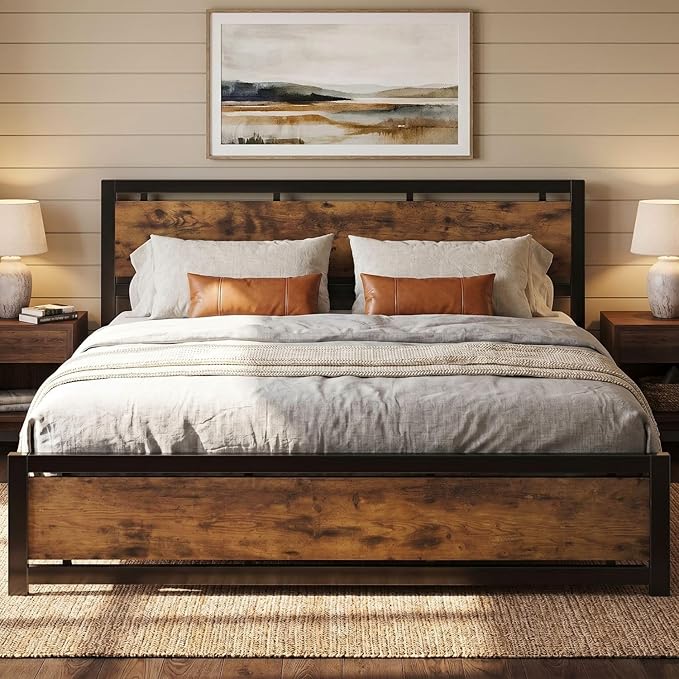 LIKIMIO King Bed Frame with Headboard and Footboard, Metal Strong Supports, Easy Assembly, Noise-Free, No Box Spring Needed, Vintage Brown