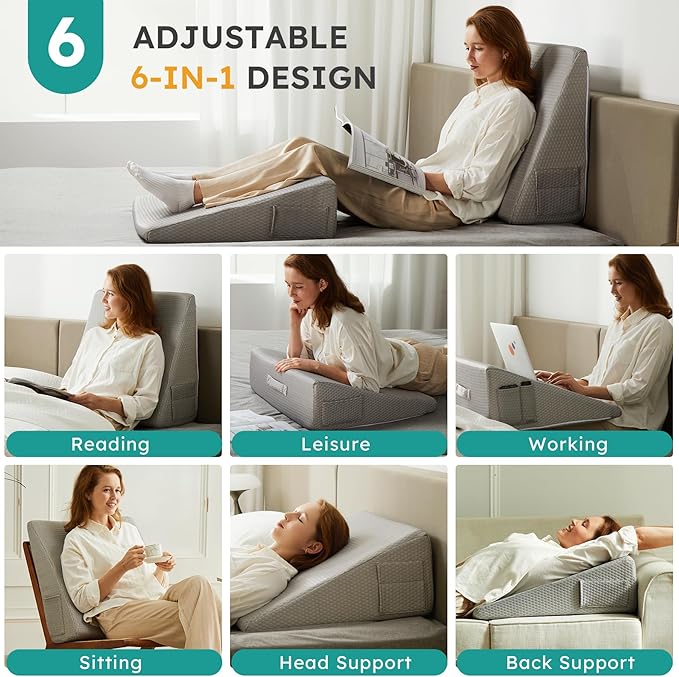 Bedluxe Wedge Pillow,12 inch Bed Wedge Pillow for Headboard, Pillow Wedge for Acid Reflux Relief, Sleeping, After Surgery, Snoring, Gerd, Triangle Pillow Wedge - Cooling Memory Foam Top, Grey