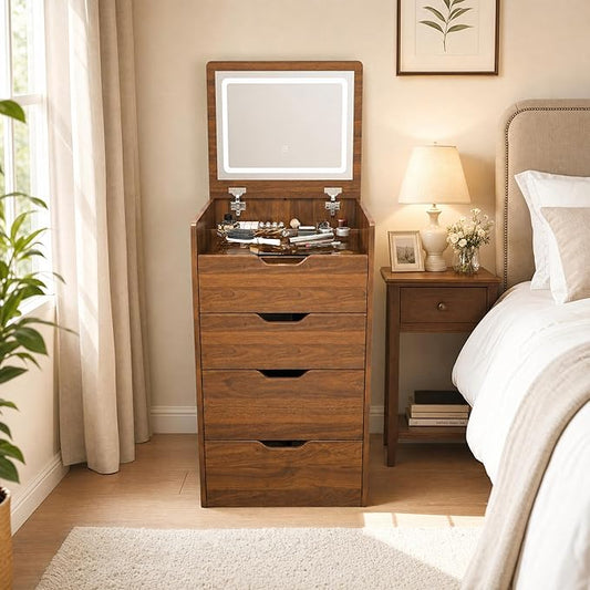 Casaphoria Vanity Desk with Mirror and Lights, 3-in-1 Flip Top Makeup Vanity Table with Stool and Storage, Compact Dressing Table for Small Space, Walnut Finish (18.9 Inch)