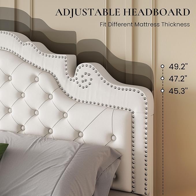 SHA CERLIN King Size Bed Frame with Adjustable Headboard/Velvet Upholstered/Diamond Button Tufted and Metal Studs/No Box Spring Needed/Sturdy Wood Slat Support/Easy Assembly/White
