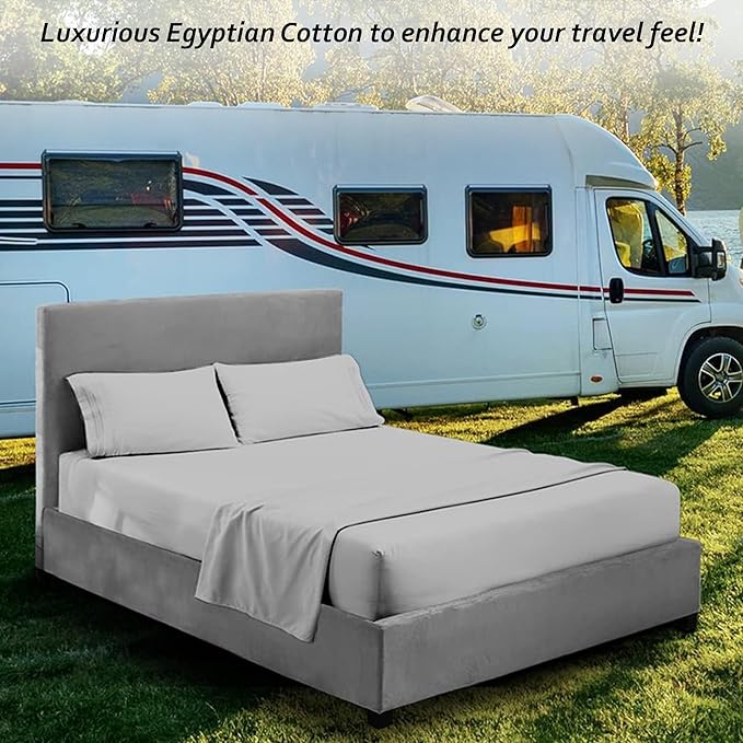 Full RV Camper Sheet Set (54x75) – 100% Egyptian Cotton, Soft & Cooling, 16” Deep Pocket Fitted Sheet, Luxury Hotel Quality Bedding for RVs, Campers & Motorhomes (Light Grey Solid)