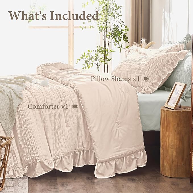 JOLLYVOGUE Beige Twin Size Comforter Set, 2 Pieces Seersucker Lightweight Fluffy Bedding Set, Twin Ruffle Comforter, All Season Soft Microfiber Shabby Chic Bed Set