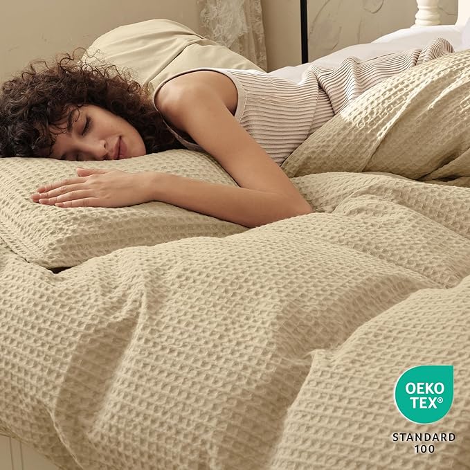 PHF Waffle Weave Duvet Cover Set Queen Size, No Snagging Ultra Soft Luxury Textured Breathable Comforter Cover for All Season 3pcs, Durable Bedding Duvet Set with 2 Pillow Shams, 90"x90", Khaki