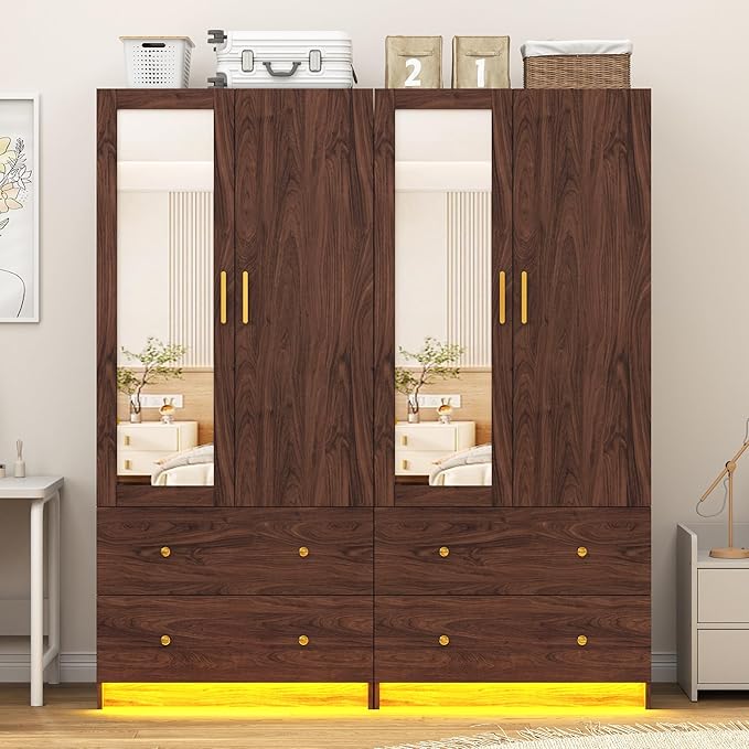 jiteentarou 2 Door Wardrobe Closet with Mirrors and LED Lights, Small Bedroom Armoire with Drawers, Modern Wooden Armoire Wardrobe Closet with Hanging Rod for Bedroom, Brown