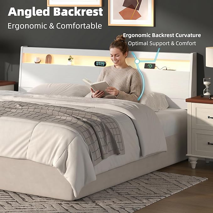 Wooden Headboard Only with Storage, Skirting Groove for Enhanced Stability, Built-in Power Outlet, 2 USB Ports & LED Light - Solid Wood Leg Sturdy Stable Bed Backboard (White, King (U.S. Standard))