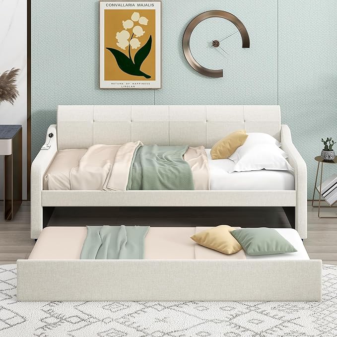 Daybed with Trundle and USB Charging Design, Twin Size Upholstery Day Bed Frame, Trundle can be Flat or erected,Beige