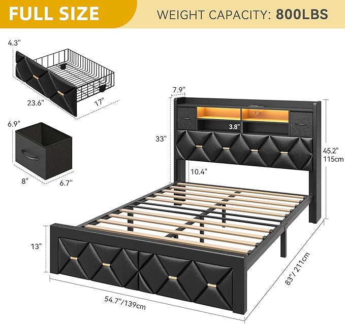 YITAHOME Full Size Bed Frame with 2 Storage Drawers and Storage Headboard, Upholstered Platform with Charging Station and LED Light, No Box Spring Needed, Noise Free, Easy Assembly, PU Leather Black