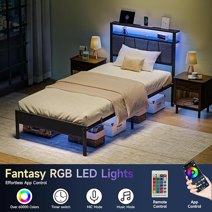Z-hom Storage Headboard with Charging Station Twin Bed Frame, LED Bed with Upholstered Headboard and Footboard, Metal Platform Bed with 2-Tier Shelves, Easy Assembly, No Box Spring Needed, Noise Free
