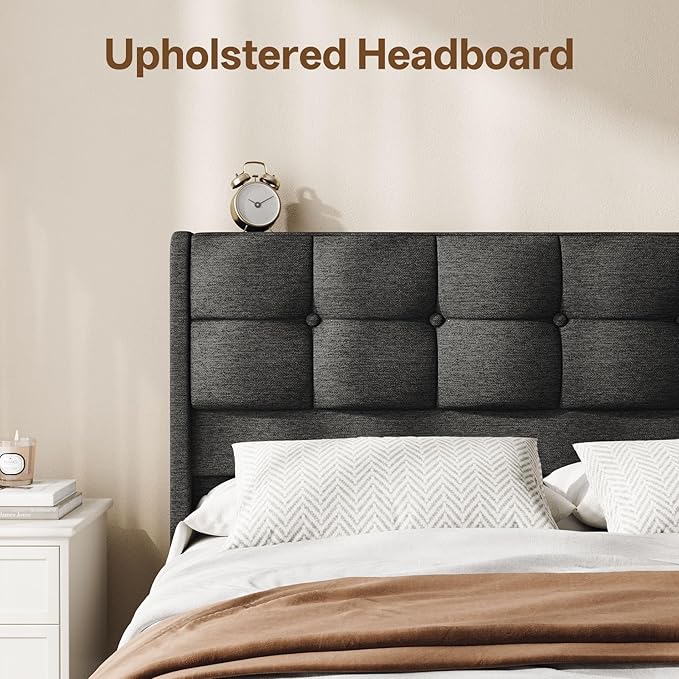 Lift Up Queen Size Bed Frame with Storage, Upholstered Queen Bed Frame with Wingback Headboard, No Box Spring Needed, Easy Assembly - Dark Grey